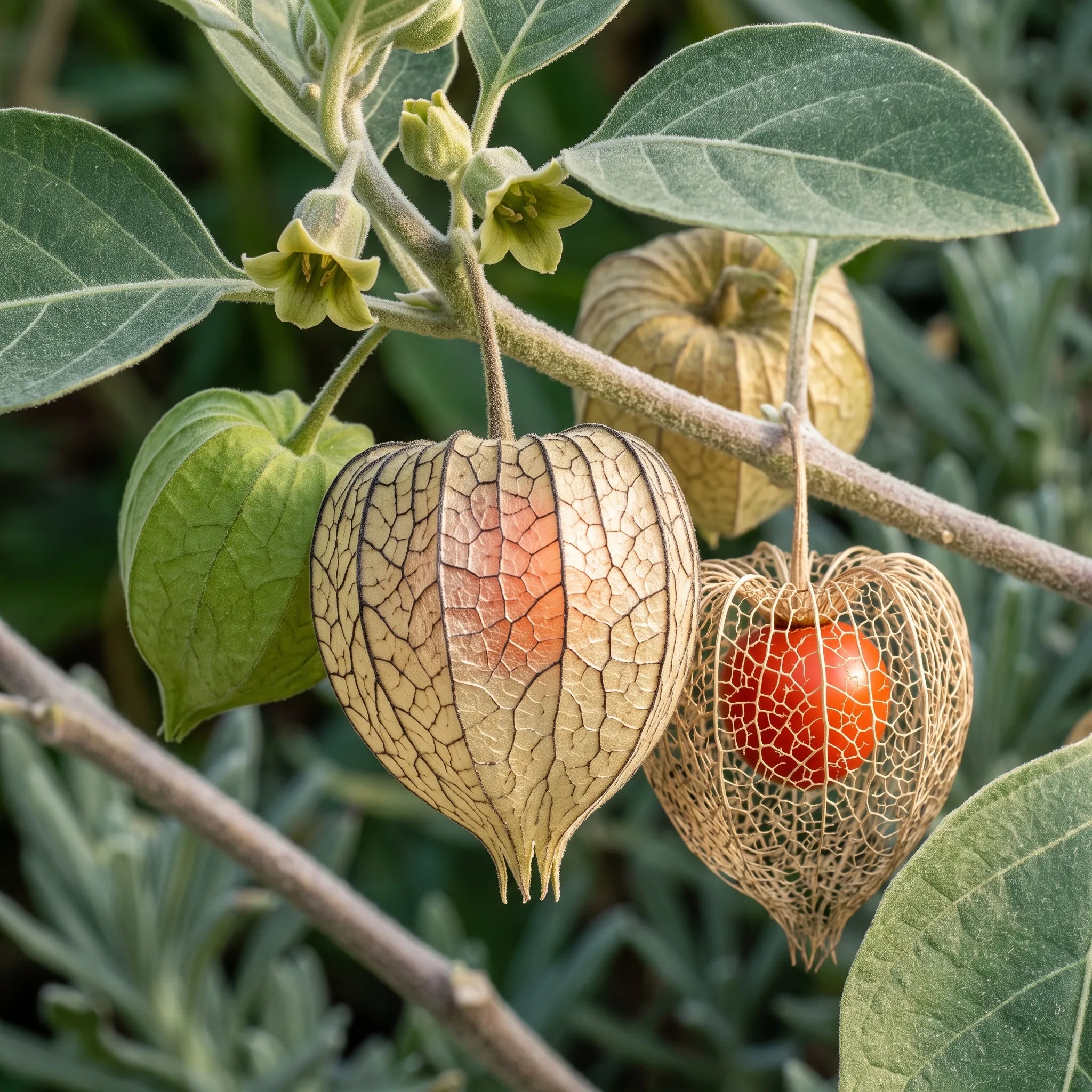 Macro d'une lanterne d'ashwagandha laissant voir sa baie rouge — SemiSauvage