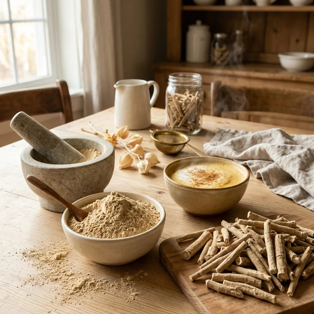 Racine séchée et poudre d'ashwagandha préparées au mortier — SemiSauvage