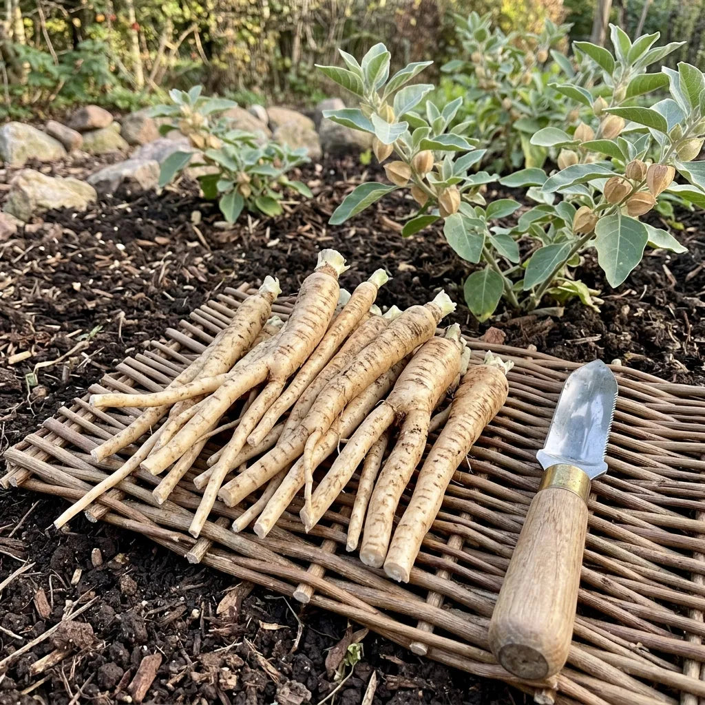 Racines d'ashwagandha fraîchement arrachées et parées sur une claie — SemiSauvage