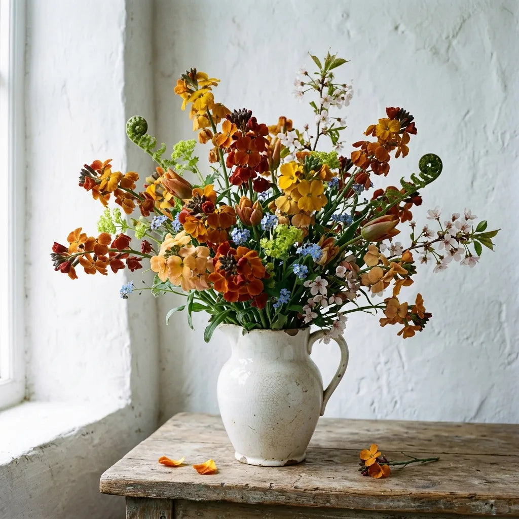 Bouquet de printemps de giroflées, myosotis et cerisier dans un pichet de faïence — SemiSauvage