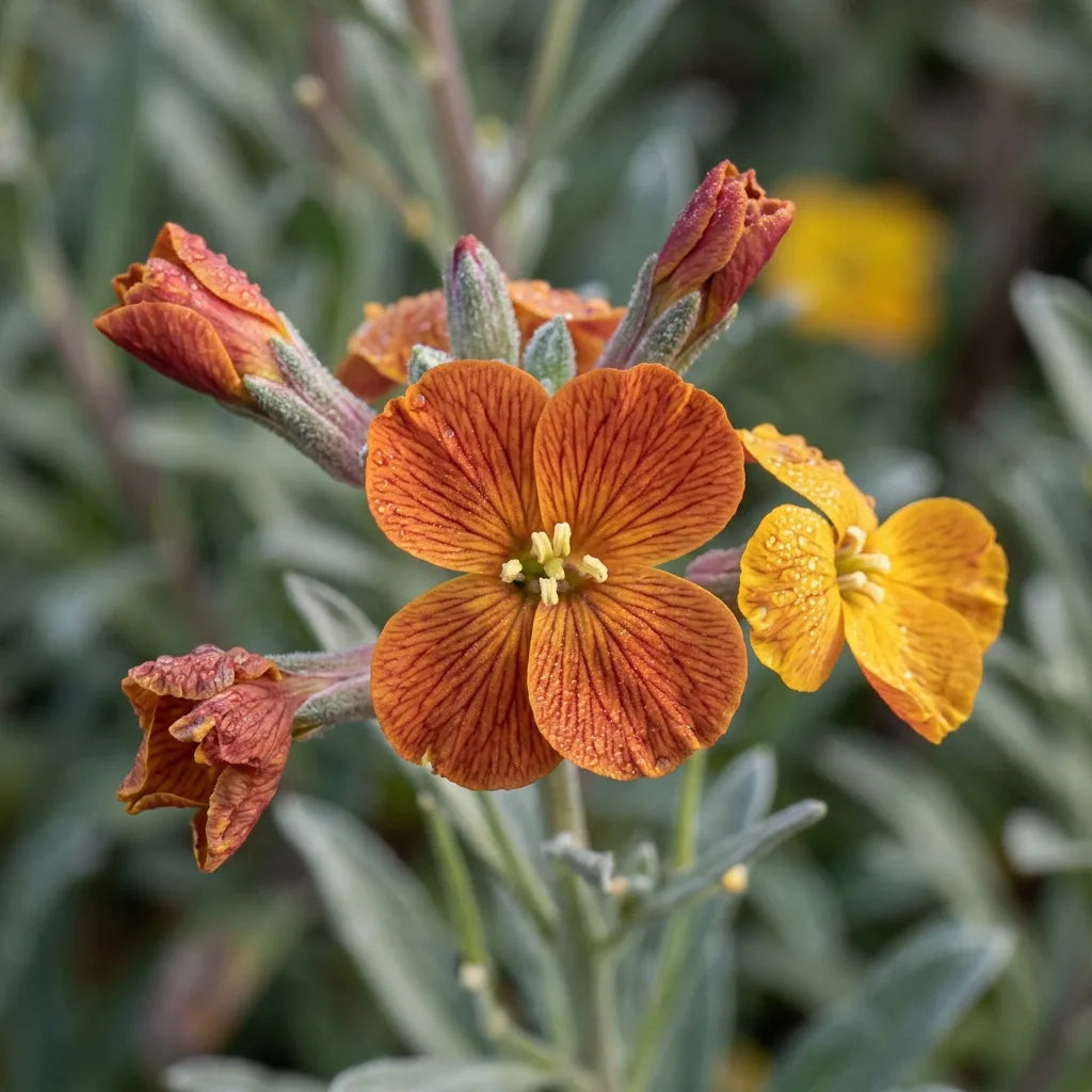 Fleur de giroflée à quatre pétales en croix sous la rosée, macro — SemiSauvage