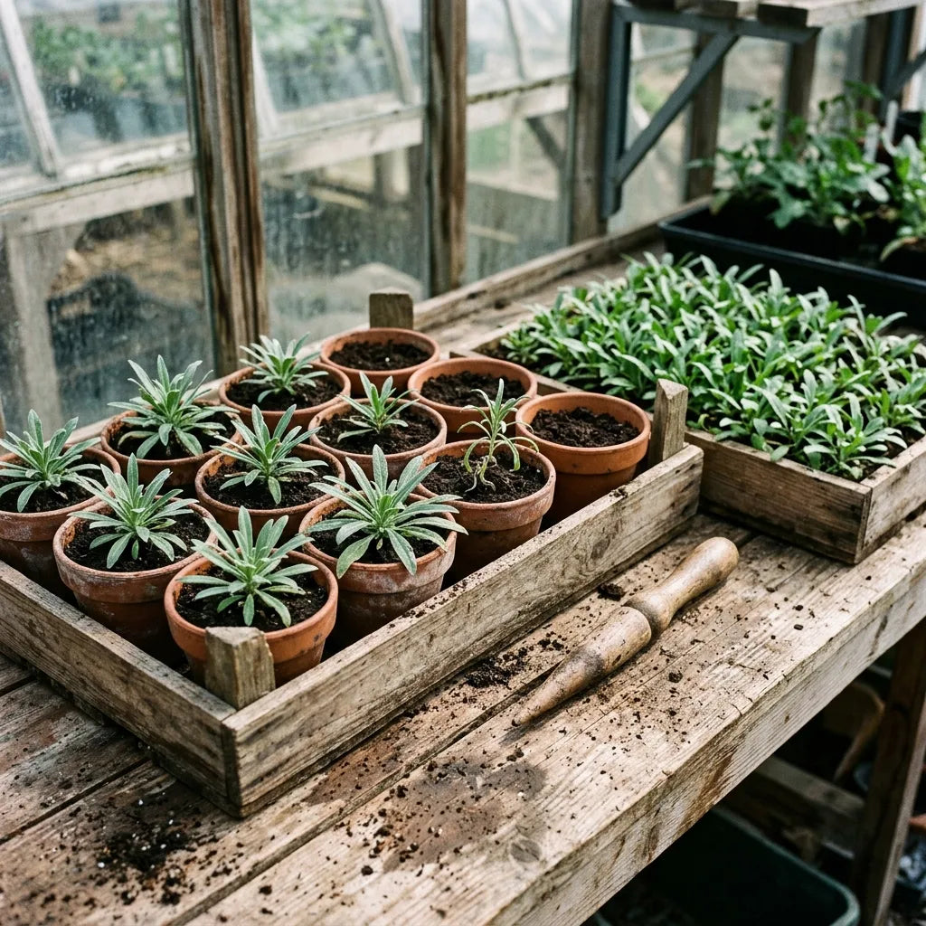 Jeunes plants de giroflée repiqués en godets sous serre — SemiSauvage