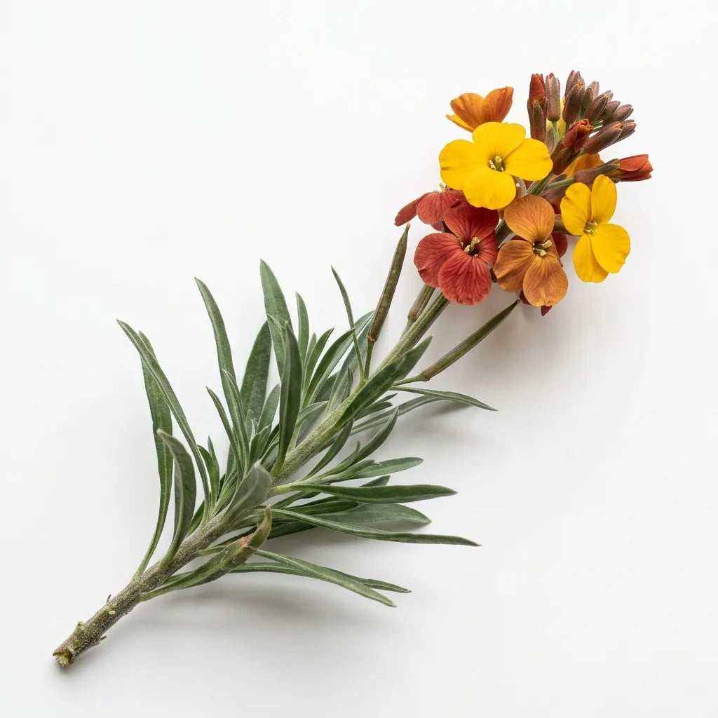 Tige fleurie de Giroflée naine (Erysimum cheiri), coloris chauds mêlés, sur fond blanc — SemiSauvage