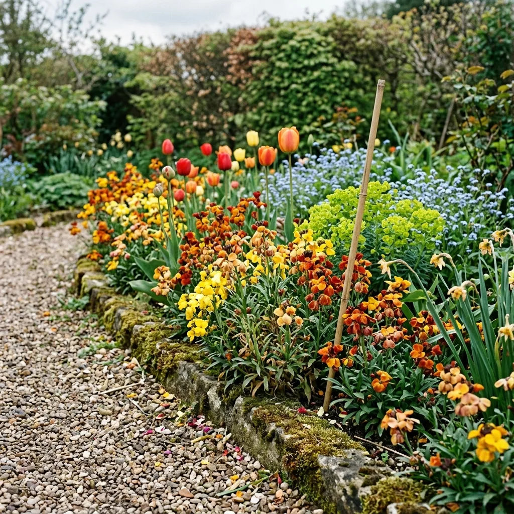 Giroflées naines en massif de printemps avec tulipes et myosotis — SemiSauvage