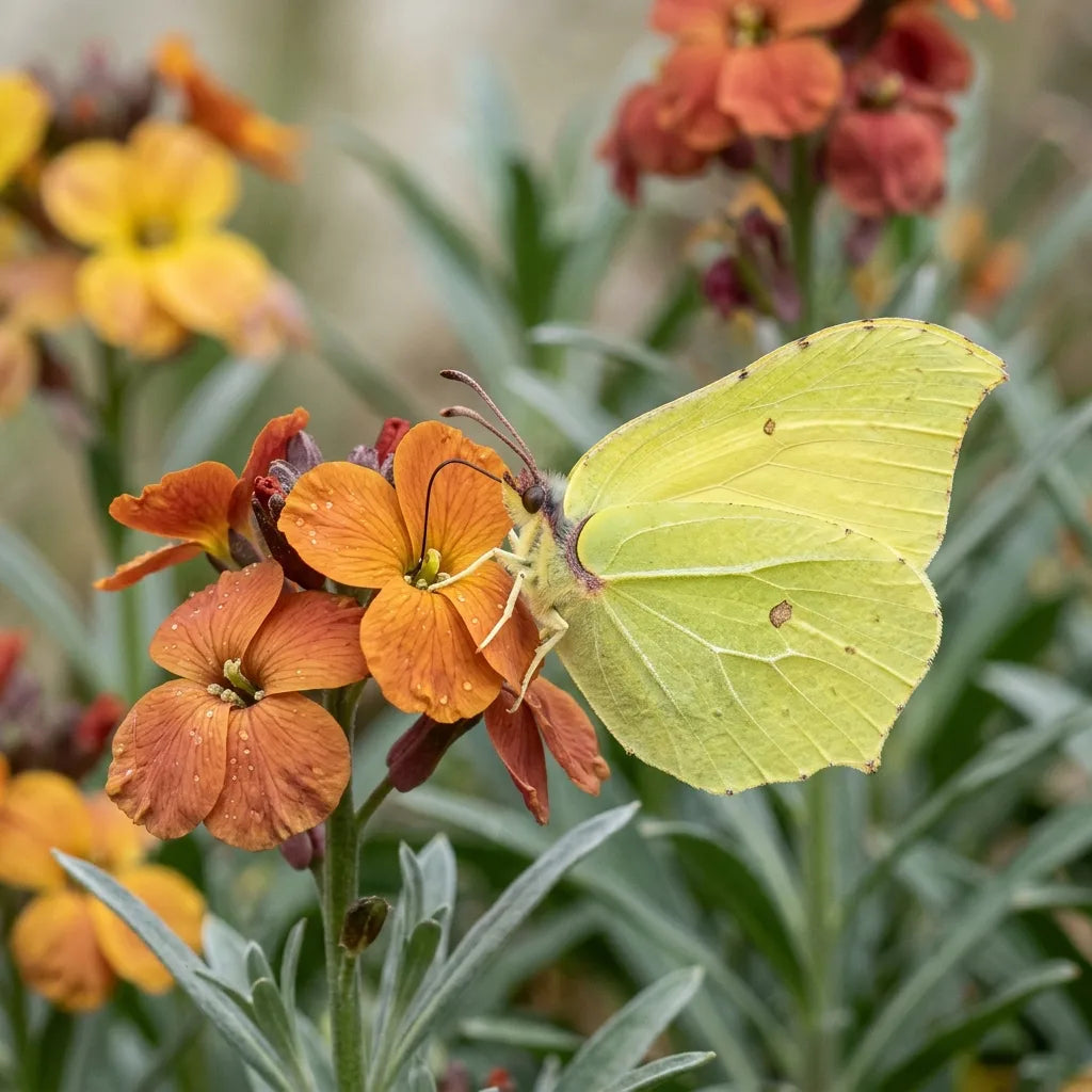 Papillon citron butinant une giroflée au printemps — SemiSauvage