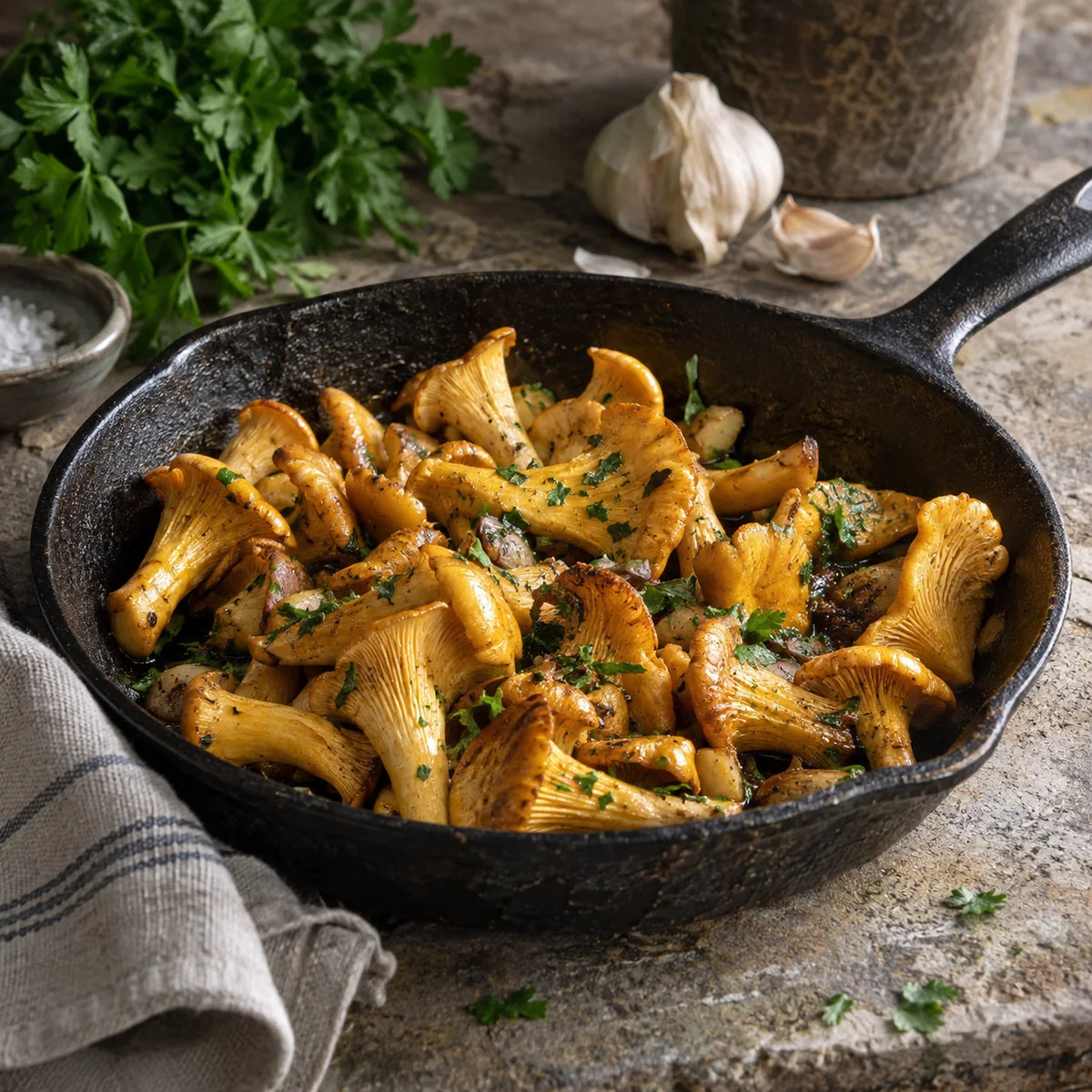 Girolles jaunes cuisinées au persil dans une poêle.