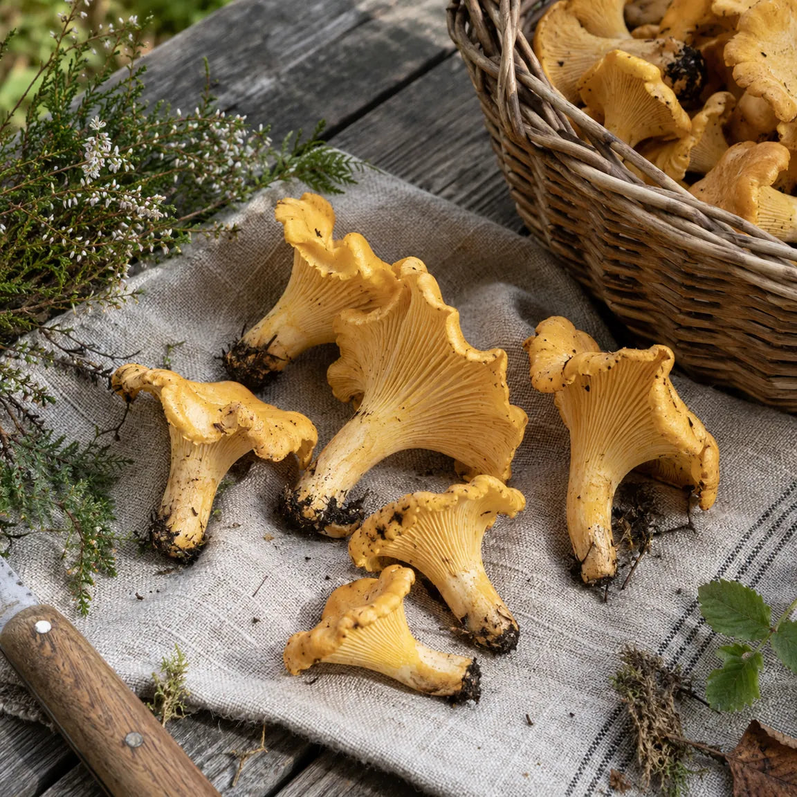 Girolles jaunes fraîches sur un linge, près d’un panier.