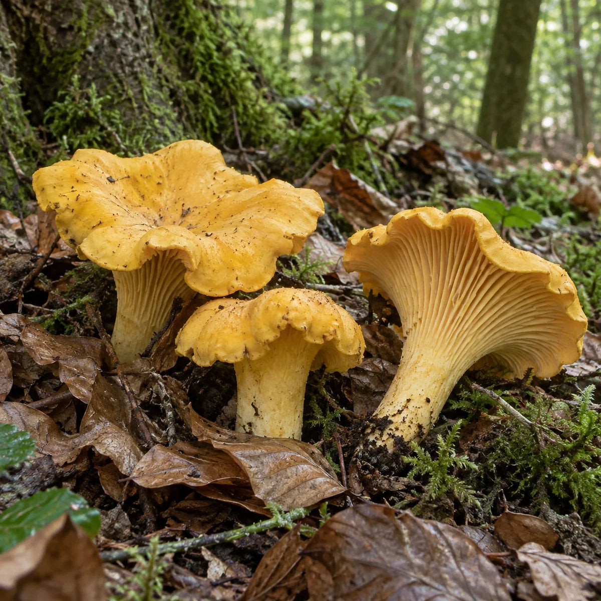 Girolles jaunes dans la mousse et les feuilles d’un sous-bois.