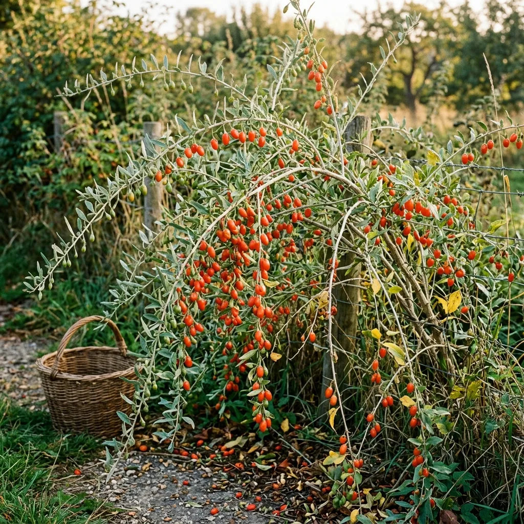 Arbuste de goji (Lycium barbarum) chargé de baies en haie libre — SemiSauvage