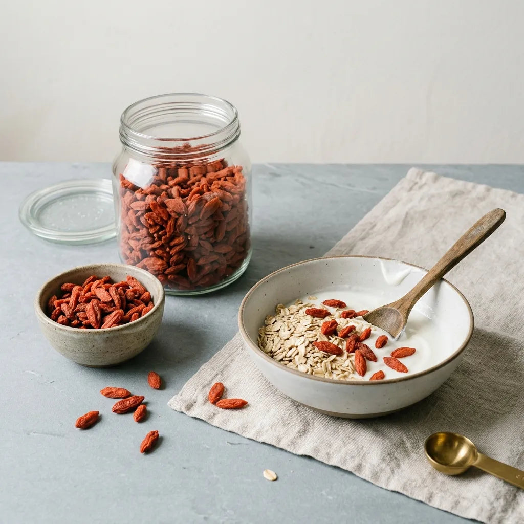 Baies de goji séchées (Lycium barbarum) en bocal et au petit-déjeuner — SemiSauvage