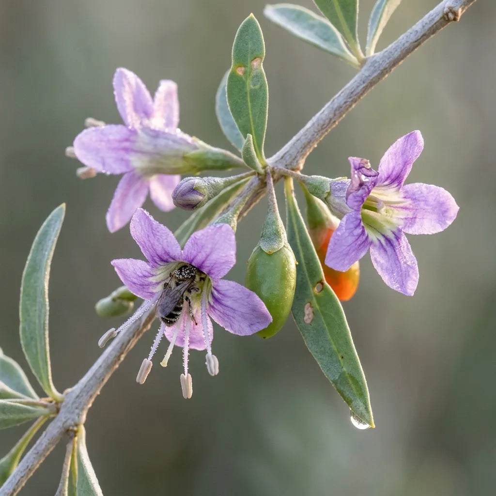 Fleurs mauves et jeune baie de goji (Lycium barbarum) avec une abeille — SemiSauvage