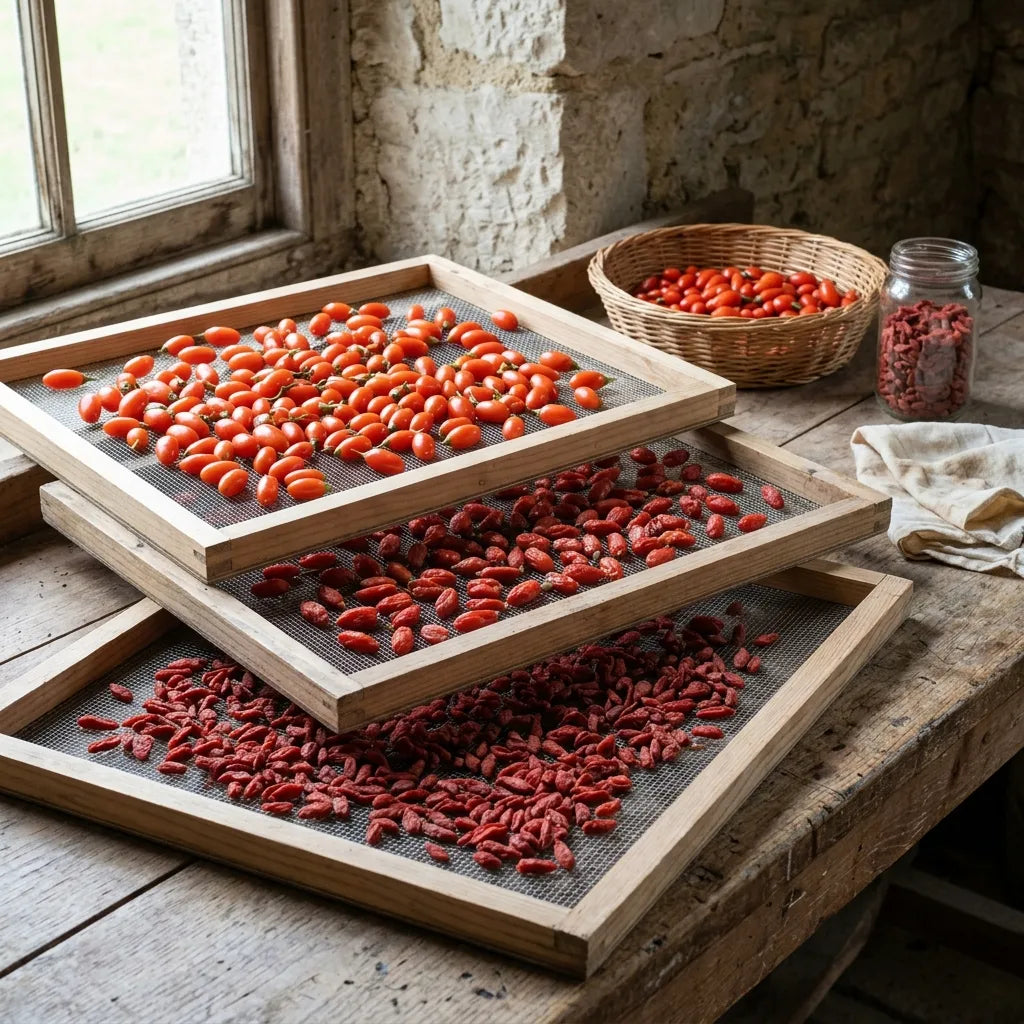 Baies de goji (Lycium barbarum) en cours de séchage sur claies — SemiSauvage