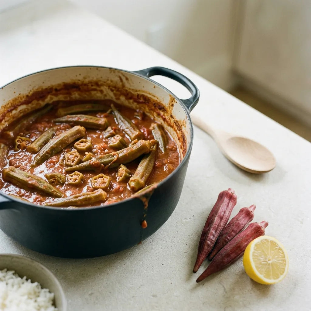 Ragoût créole de gombos mijotés à la tomate, servis avec du riz — SemiSauvage