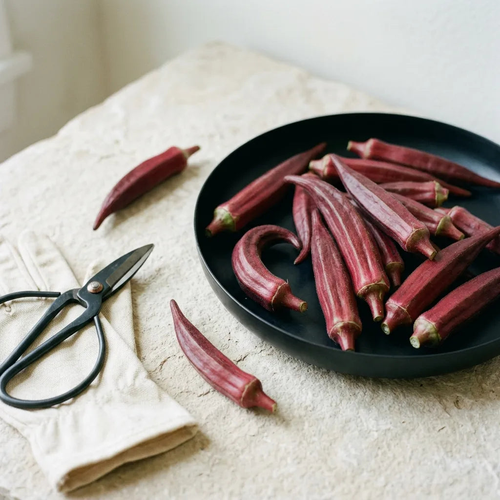 Récolte de gombos rouges au sécateur, avec les gants que réclament les poils irritants — SemiSauvage