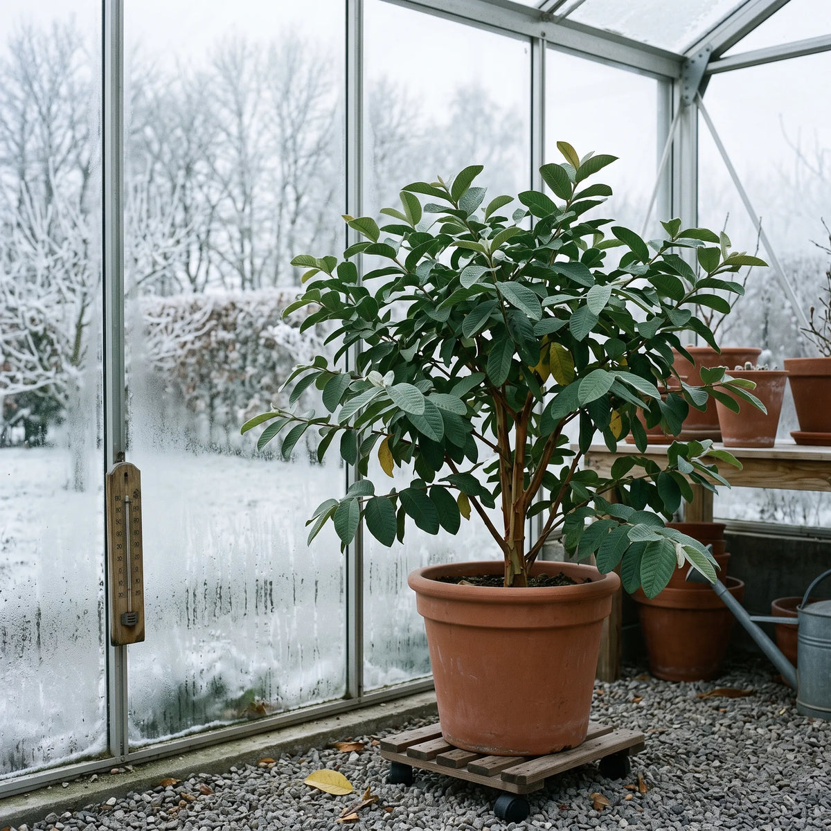 Goyavier en pot hiverne dans une serre lumineuse, jardin givre derriere les vitres