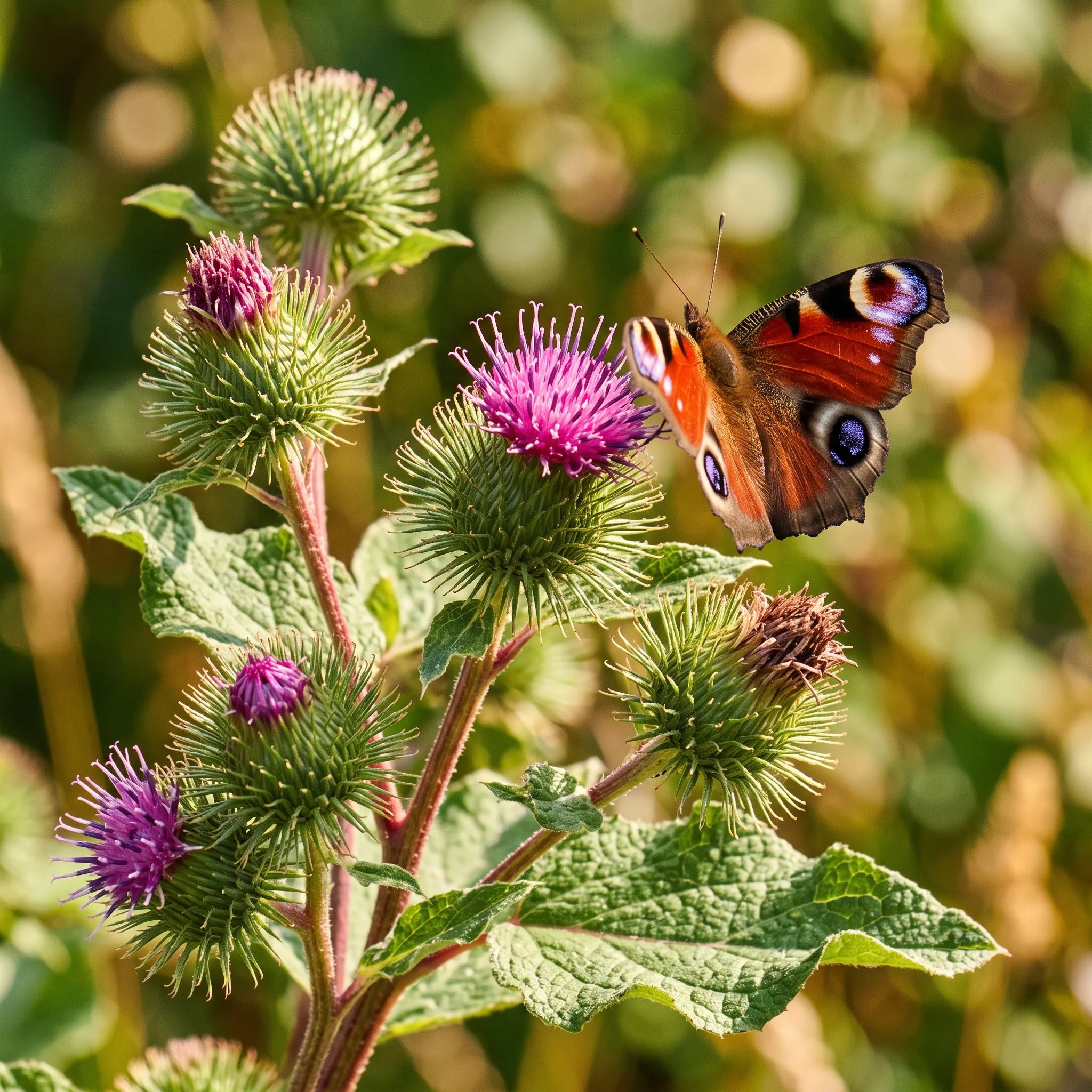 Capitules fleuris de grande bardane visités par un paon-du-jour