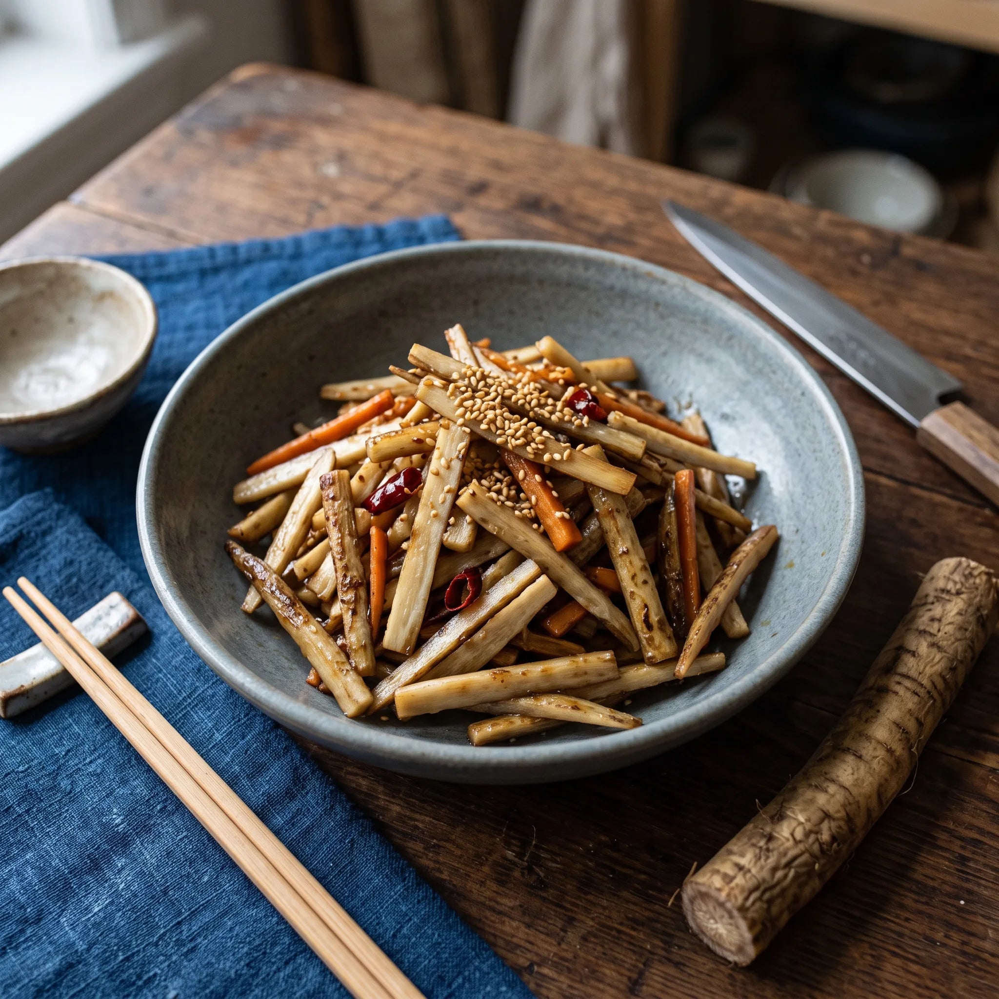 Gobo sauté à la japonaise, la racine de bardane taillée en allumettes