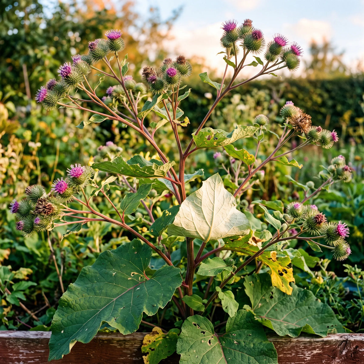 Grande bardane en deuxième année au jardin, hampes ramifiées et capitules rose violet