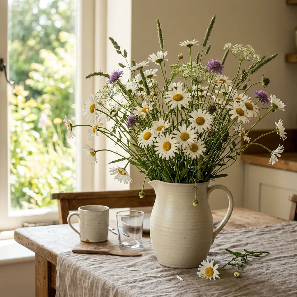 Gros bouquet de grandes marguerites dans un pichet de grès sur une table de cuisine