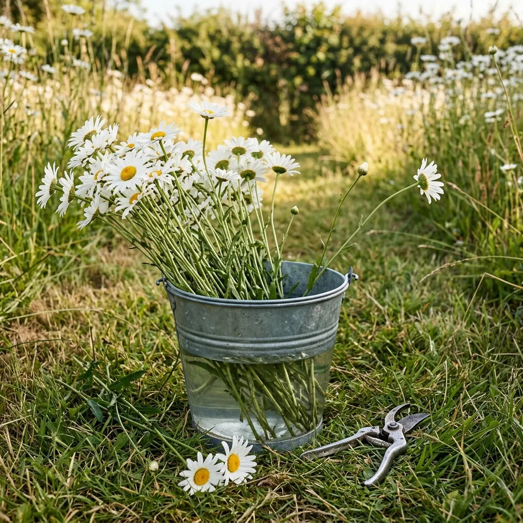 Cueillette de marguerites dans un seau de zinc au bord du massif