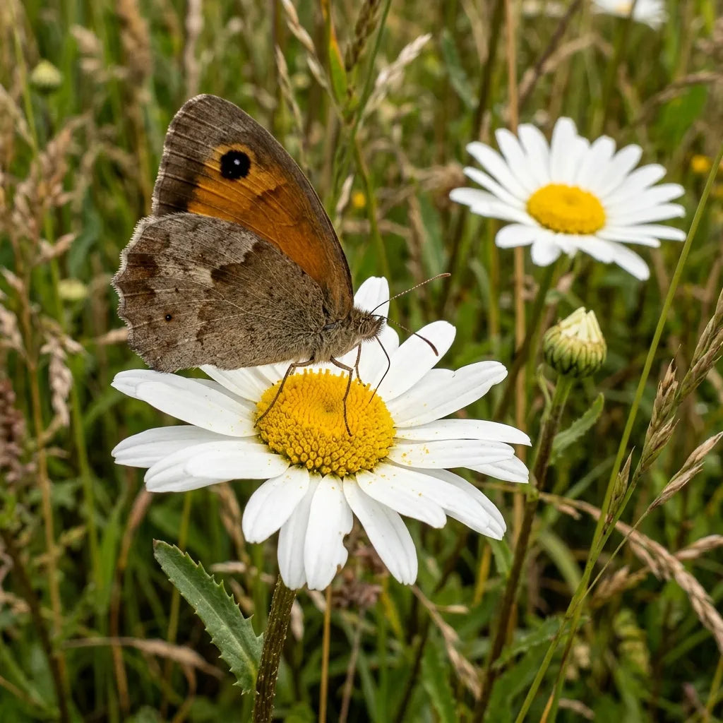 Papillon myrtil posé sur un capitule de grande marguerite en prairie