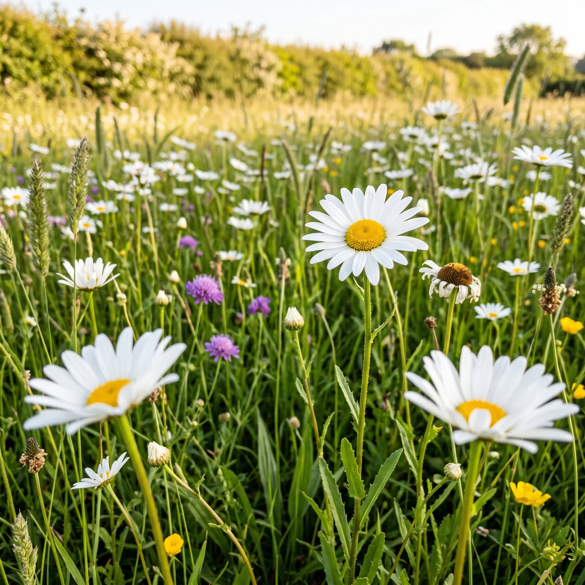Grandes marguerites en fleur dans une prairie de jardin à la lumière de fin de jour