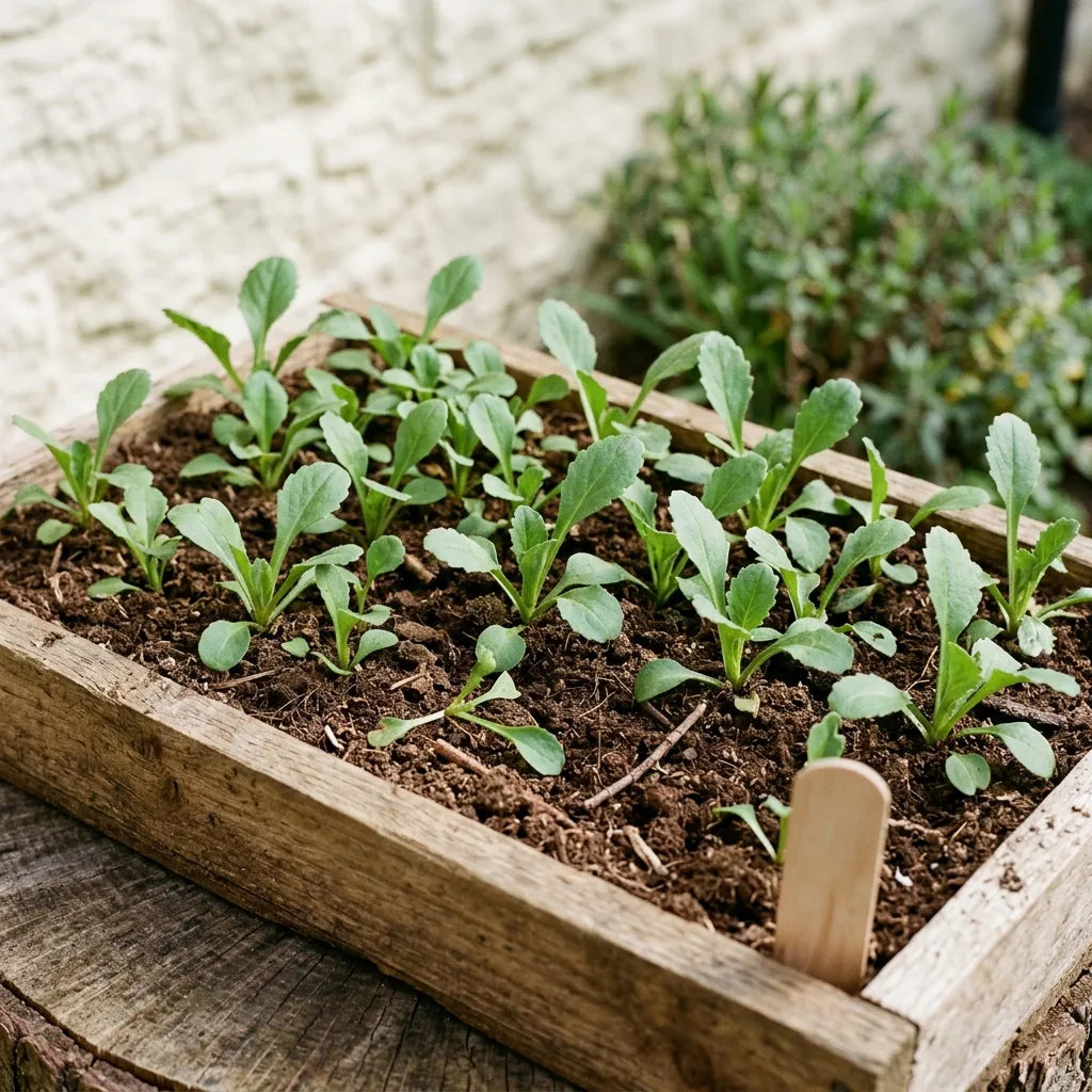 Jeunes plantules de grande marguerite en terrine de bois au jardin