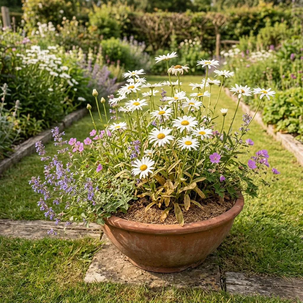 Grandes marguerites cultivées en vasque de terre cuite au croisement d'allées enherbées