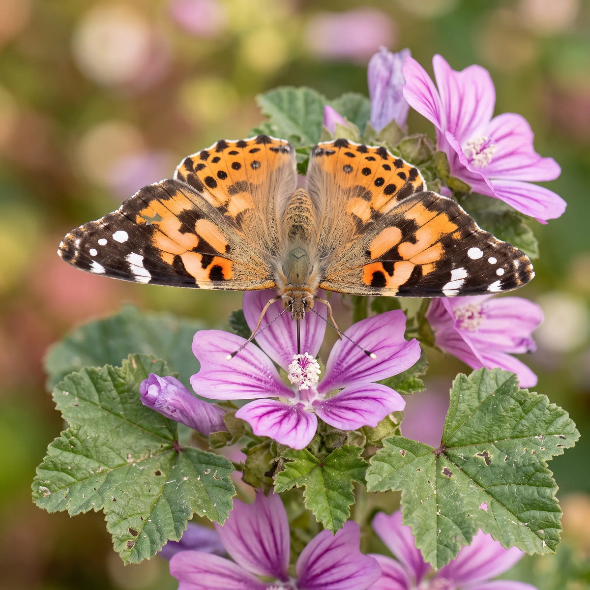 Papillon Belle-Dame Vanessa cardui sur les fleurs de grande mauve, plante hote de ses chenilles