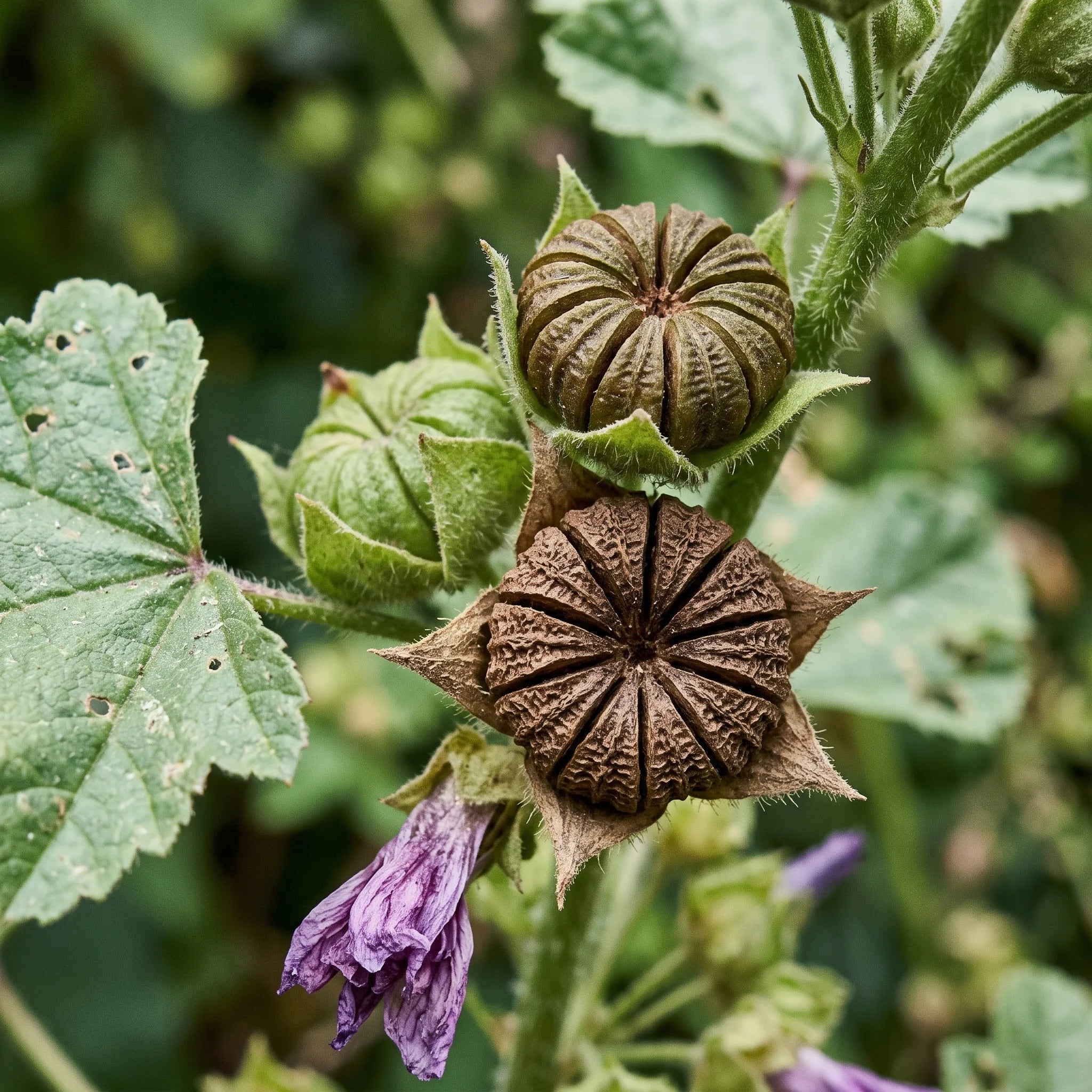 Fromageons de la grande mauve, fruits plats en roue divises en segments
