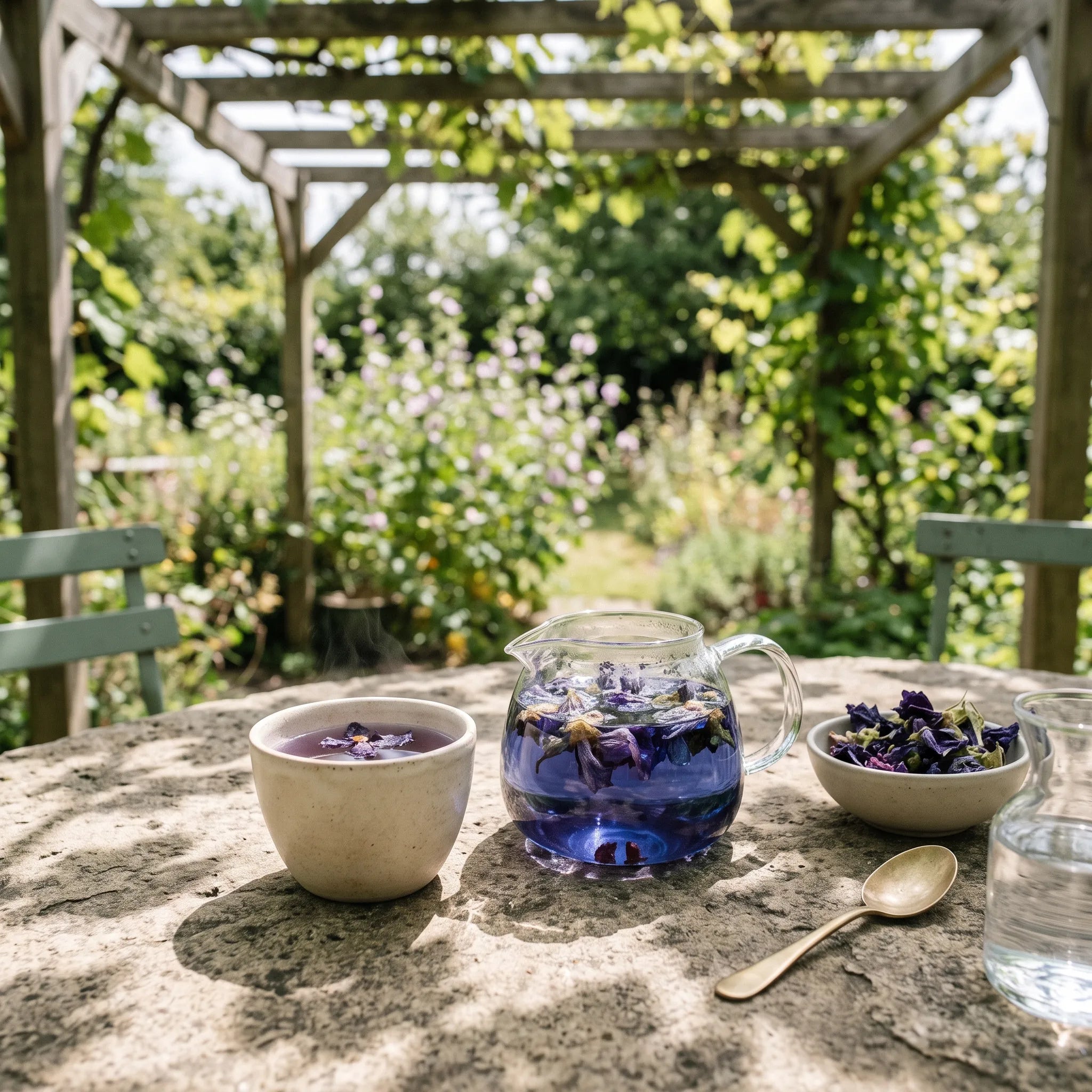 Infusion de fleurs de mauve d un bleu violet profond, servie sur une table de jardin sous une pergola
