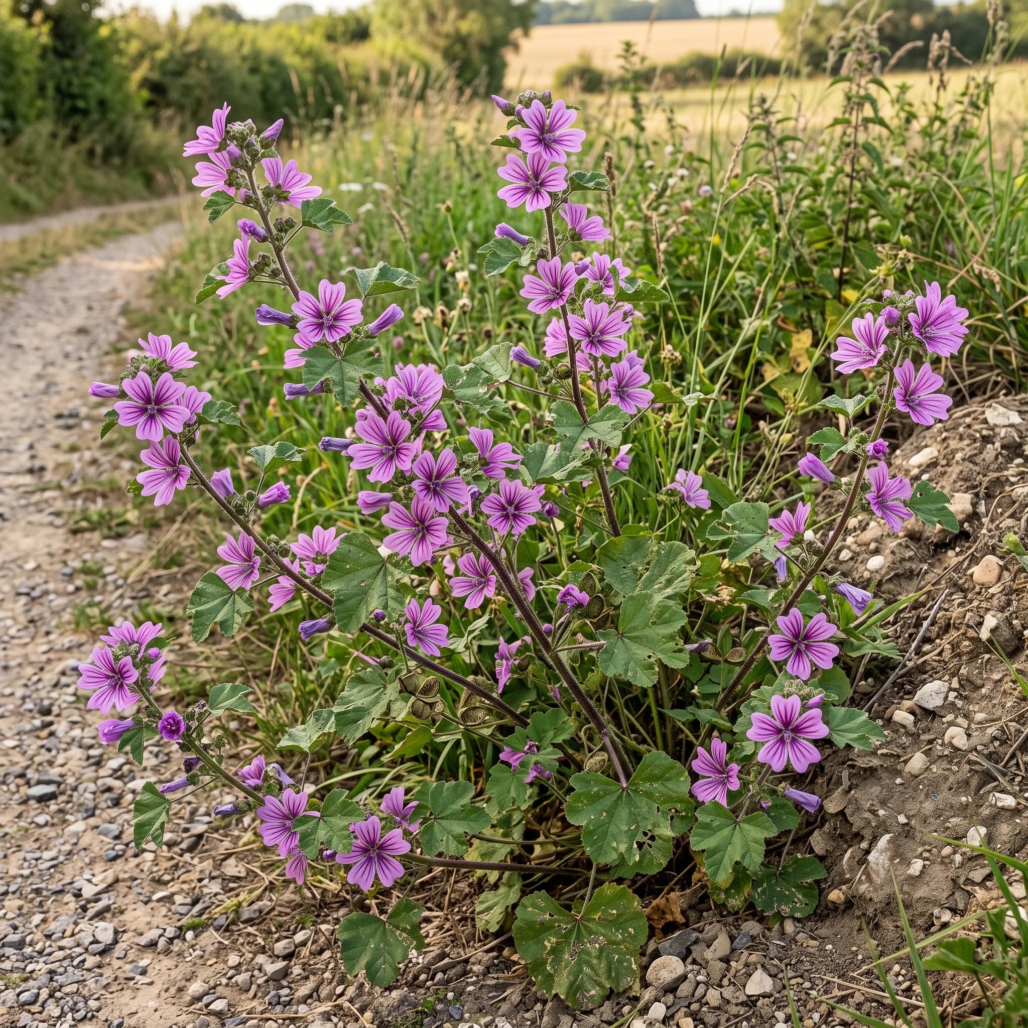 Pied de grande mauve en pleine floraison sur un talus au bord d un chemin de campagne