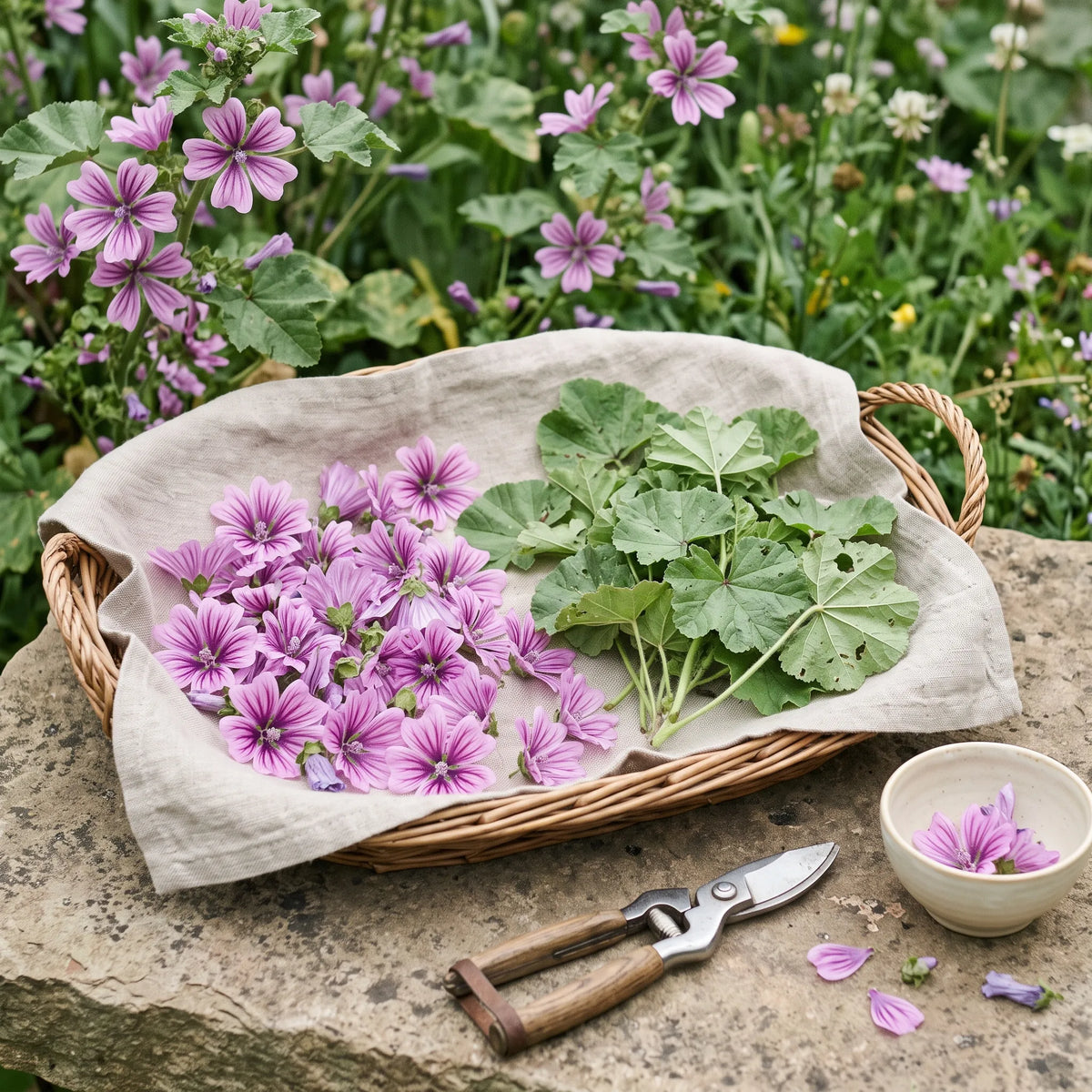 Recolte de fleurs et de jeunes feuilles de grande mauve dans une corbeille d osier