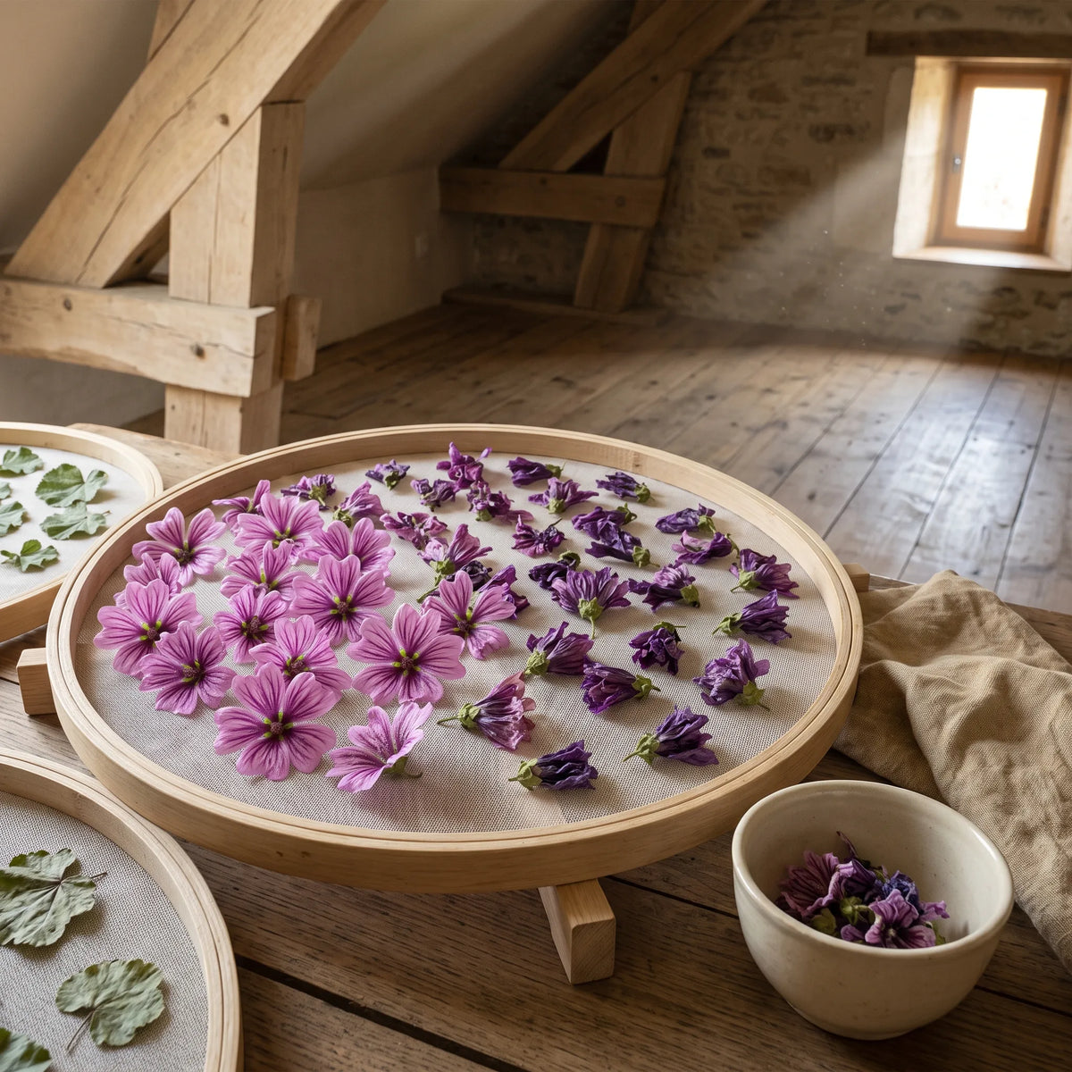 Sechage des fleurs de grande mauve sur une claie de bois dans un grenier aere