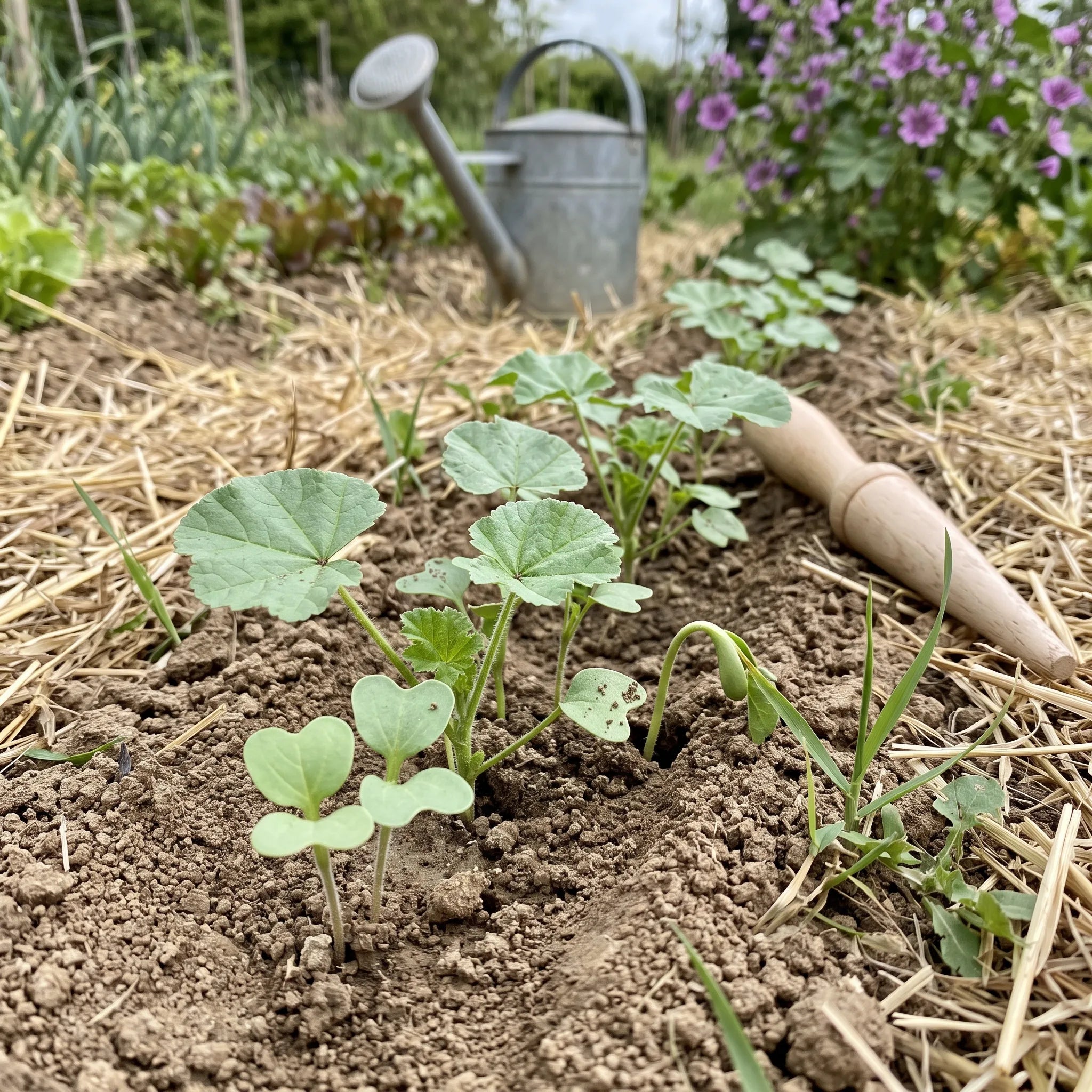 Semis en place de grande mauve, jeunes plantules a cotyledons en coeur et premieres feuilles arrondies