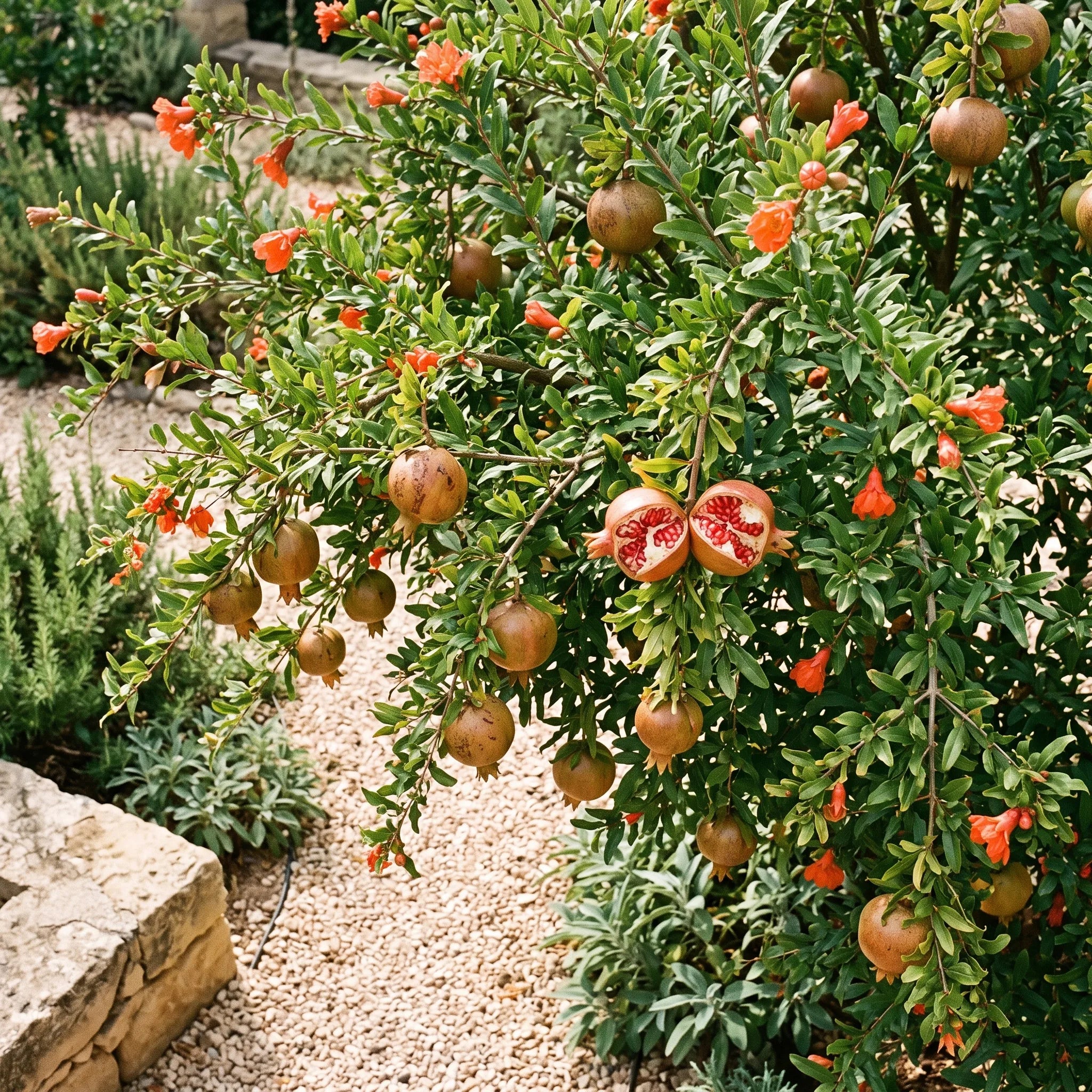 Grenadier en fleurs et en fruits vu de dessus dans un jardin sec — SemiSauvage