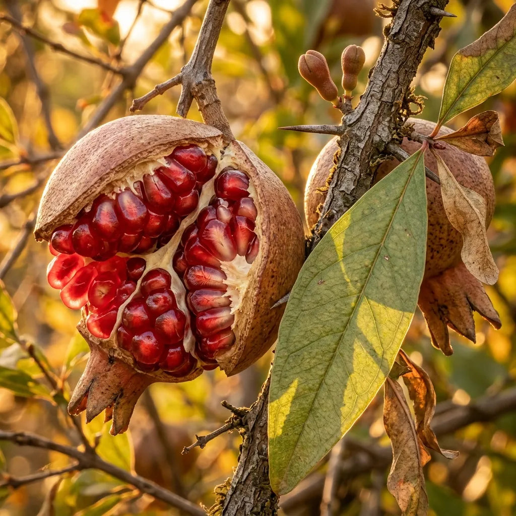 Grenade fendue à contre-jour, arilles translucides comme des rubis — SemiSauvage
