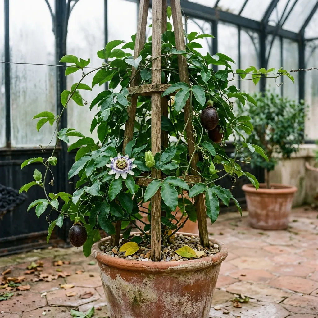 Grenadille cultivée en grand pot sur obélisque de bois dans une véranda vitrée — SemiSauvage