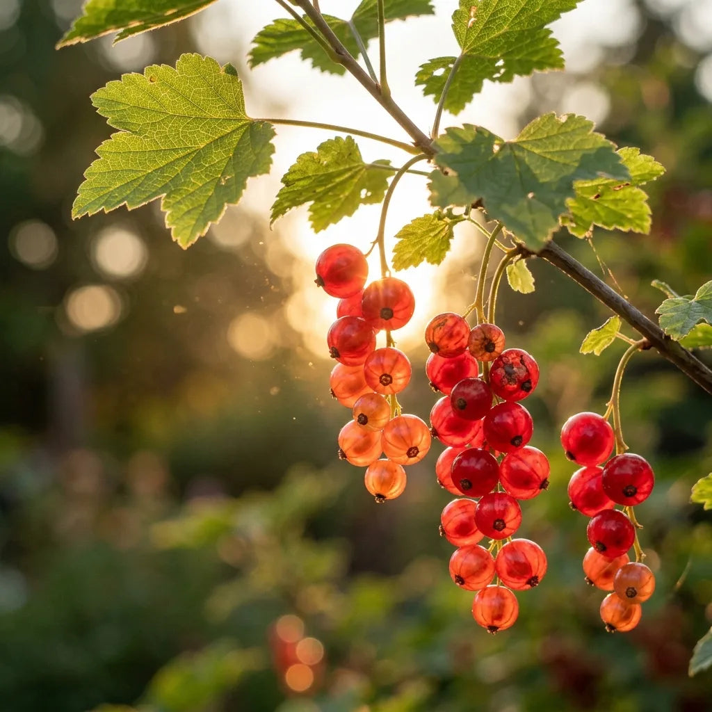Grappes de groseilles rouges à contre-jour, baies traversees par la lumière laissant voir veinules et pépins