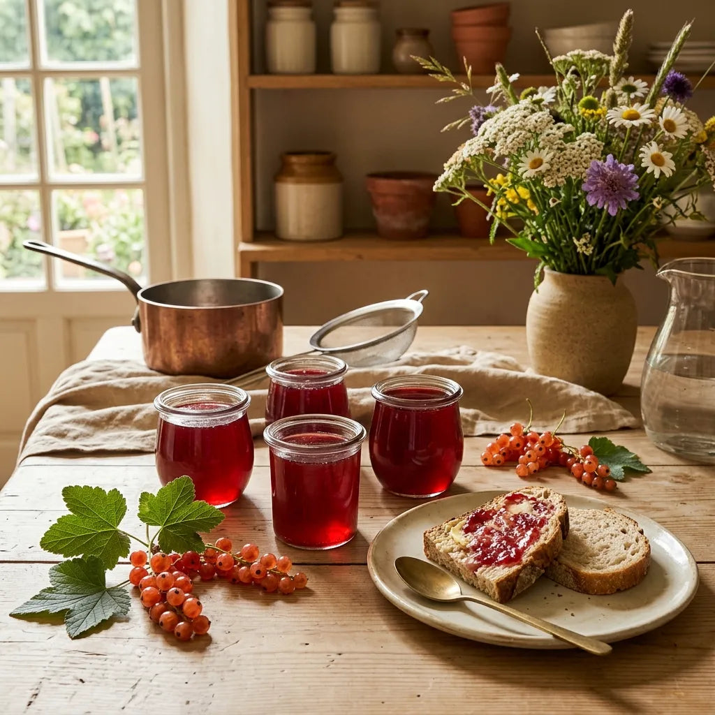 Pots de gelée de groseille rouge et tartine de pain de campagne dans une cuisine de campagne