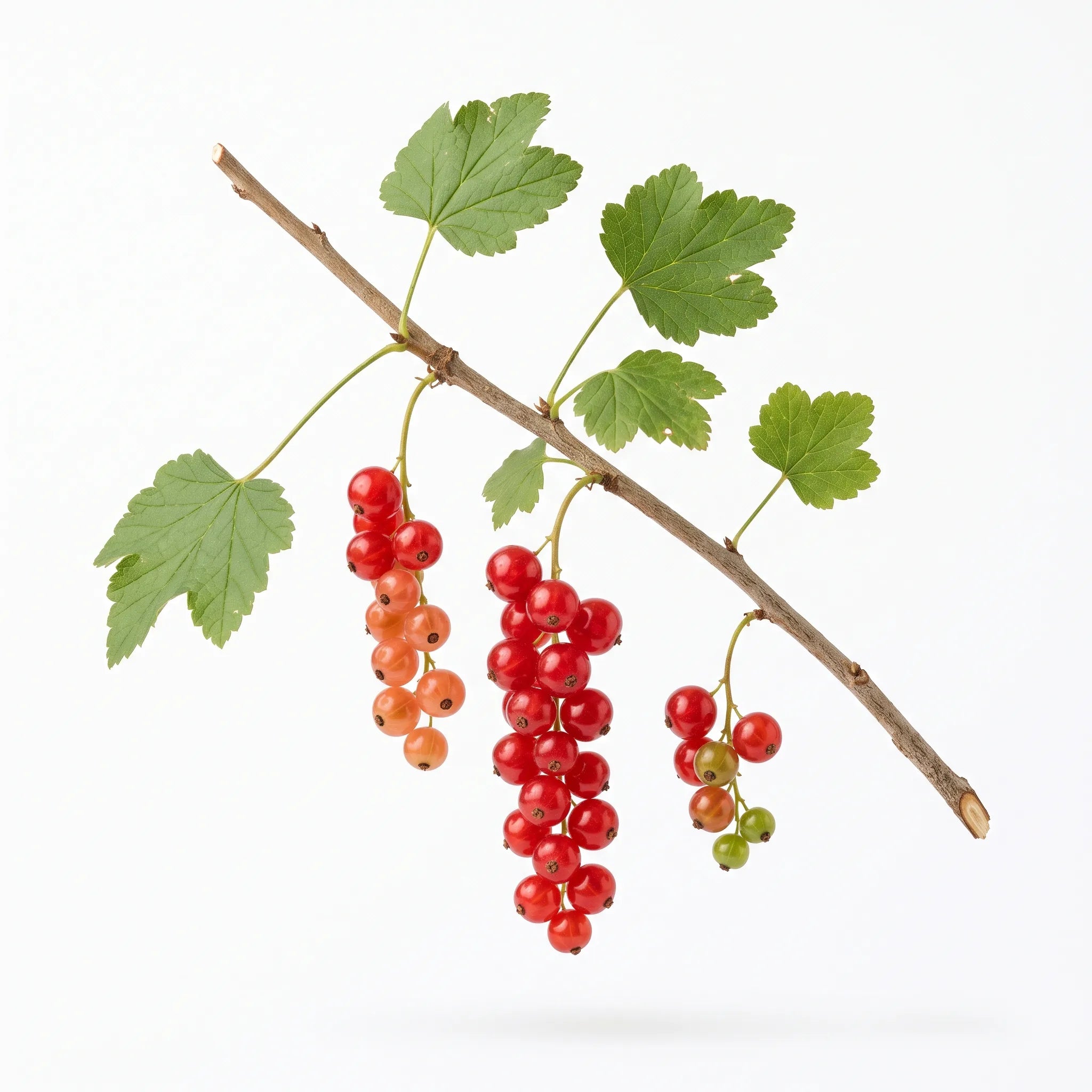 Rameau de groseillier à grappes rouges portant trois grappes pendantes de baies translucides, sur fond blanc de studio
