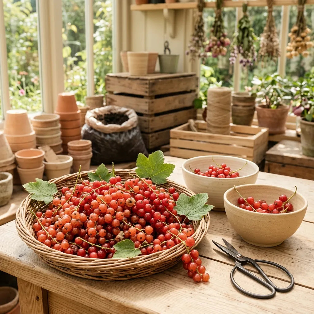 Récolte de grappes entières de groseilles rouges dans un panier d'osier et des coupes de céramique, dans un atelier de jardin