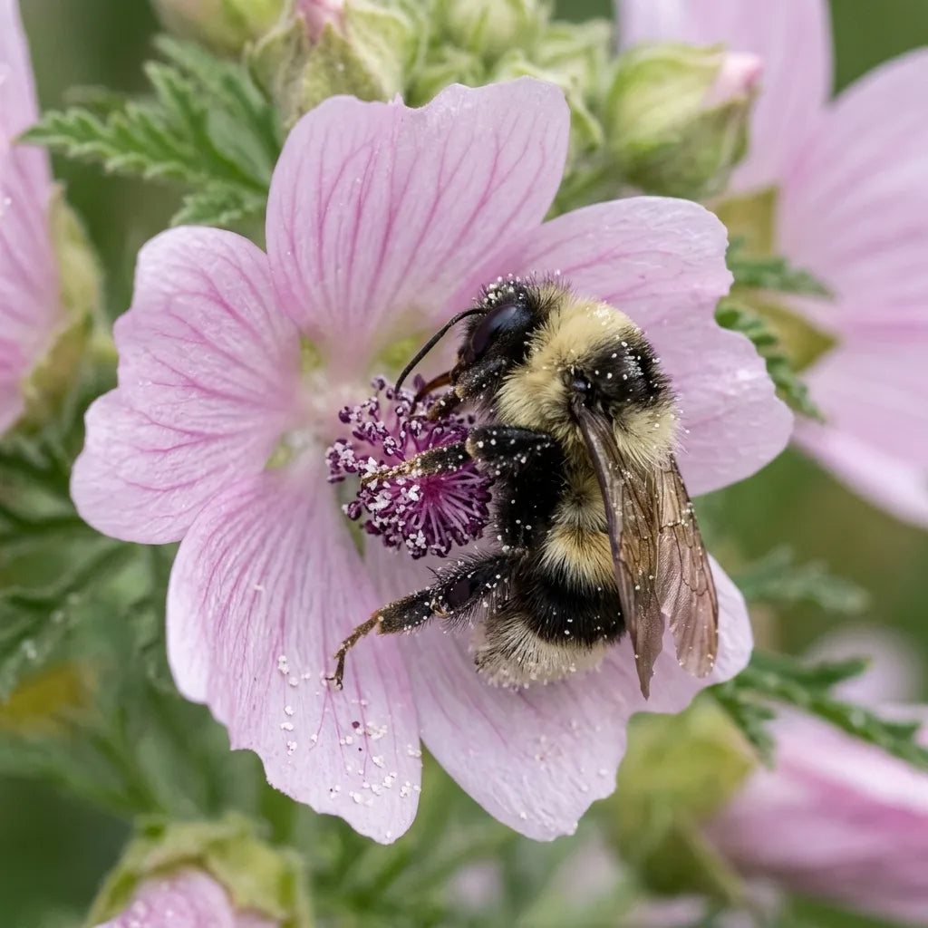 Bourdon couvert de pollen blanc sur une fleur de guimauve, plante très mellifère — SemiSauvage