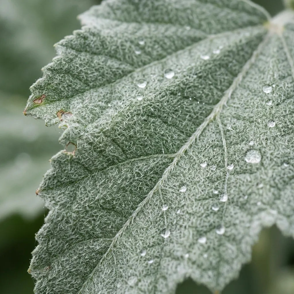 Feutrage argenté d'une feuille de guimauve retenant la rosée en billes, macro — SemiSauvage