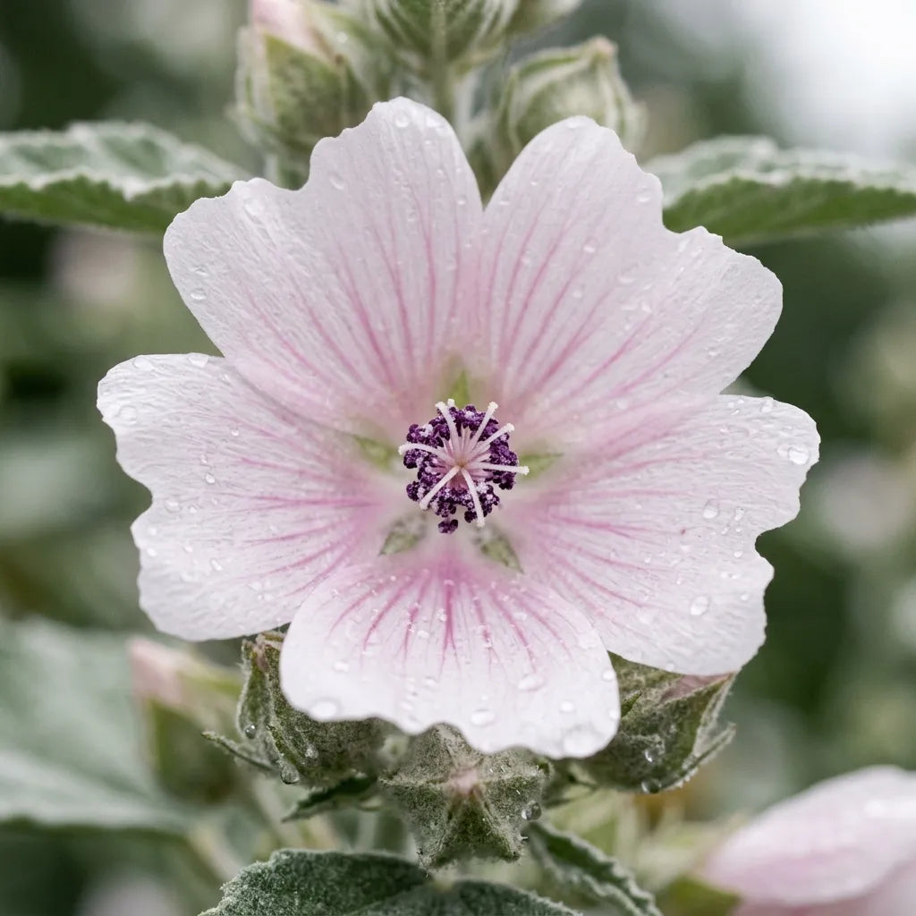 Fleur de guimauve à colonne d'étamines pourpre sous la rosée, macro — SemiSauvage