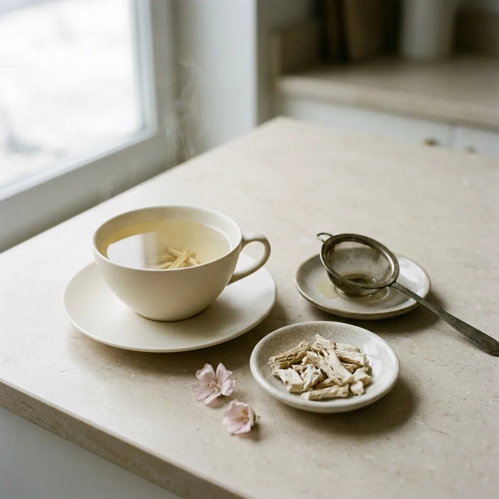 Infusion de racine de guimauve en tasse de porcelaine — SemiSauvage
