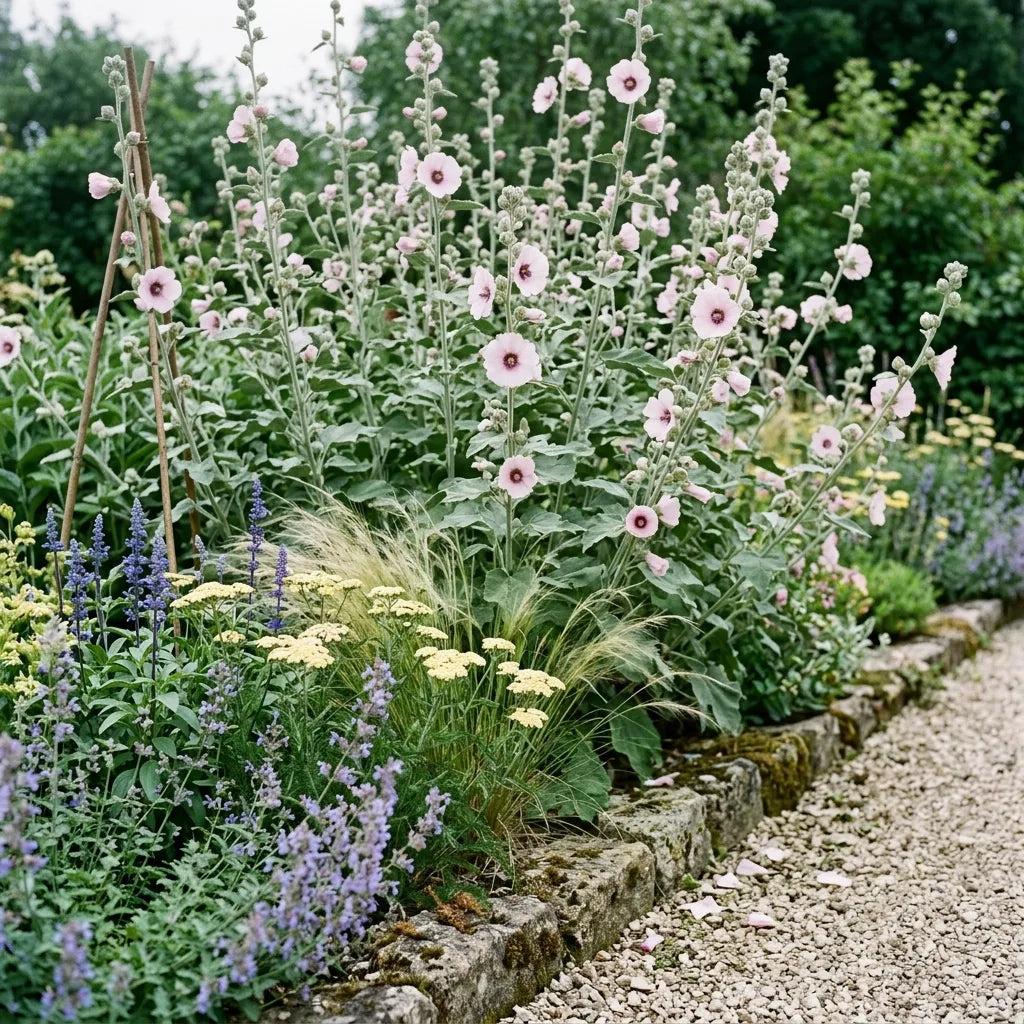 Guimauve officinale en fond de massif de vivaces au jardin d'agrément — SemiSauvage