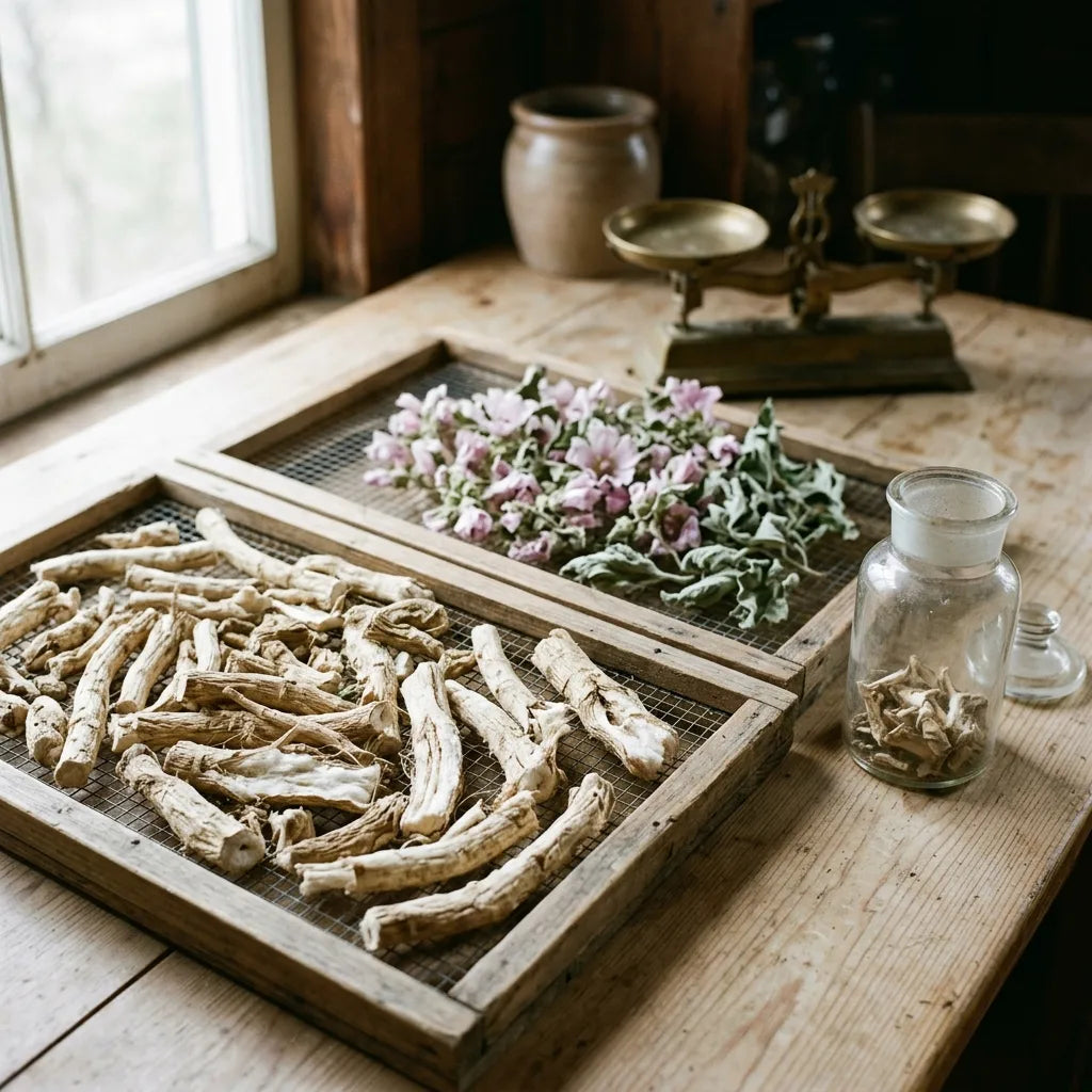 Racines et fleurs de guimauve mises à sécher sur des claies — SemiSauvage