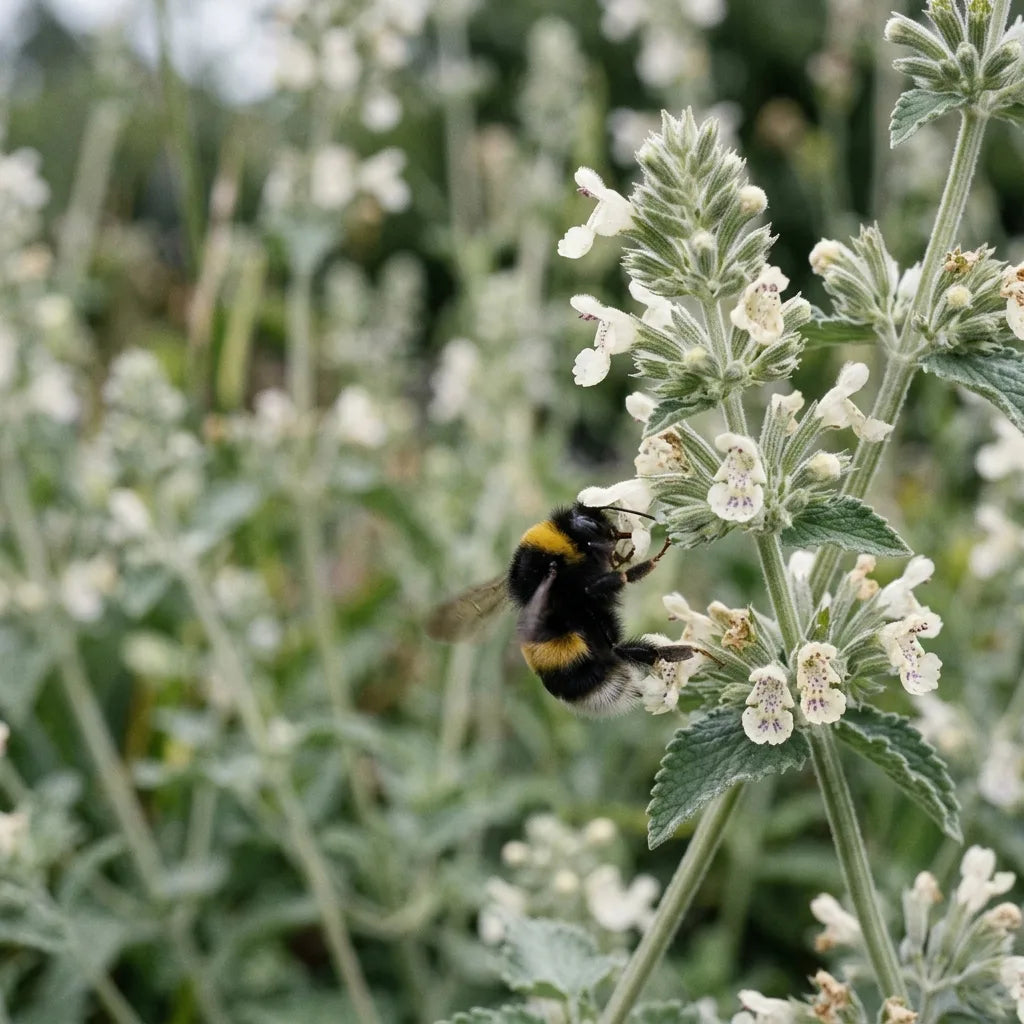 Bourdon terrestre butinant un épi d'herbe à chat, plante mellifère très visitée par les pollinisateurs — SemiSauvage