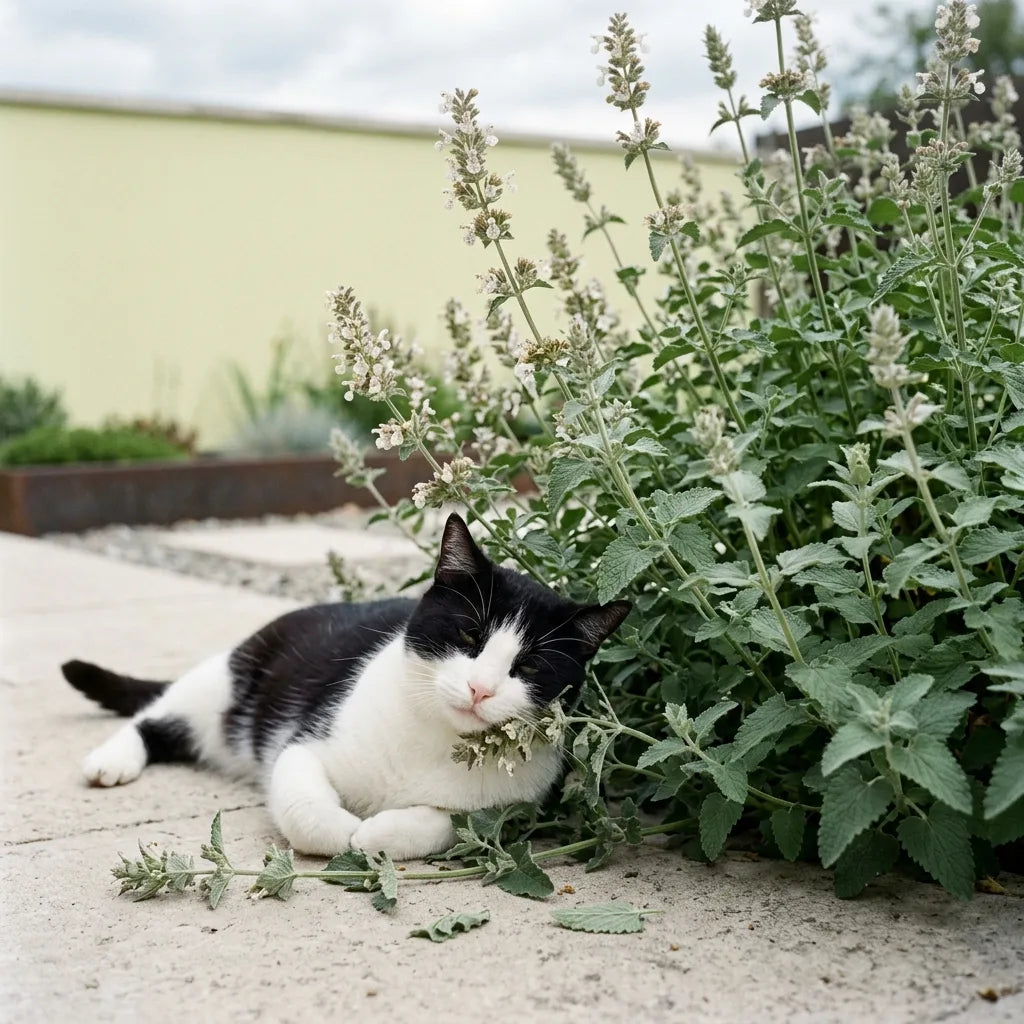 Chat noir et blanc allongé contre une touffe d'herbe à chat, joue pressée contre les tiges froissées — SemiSauvage